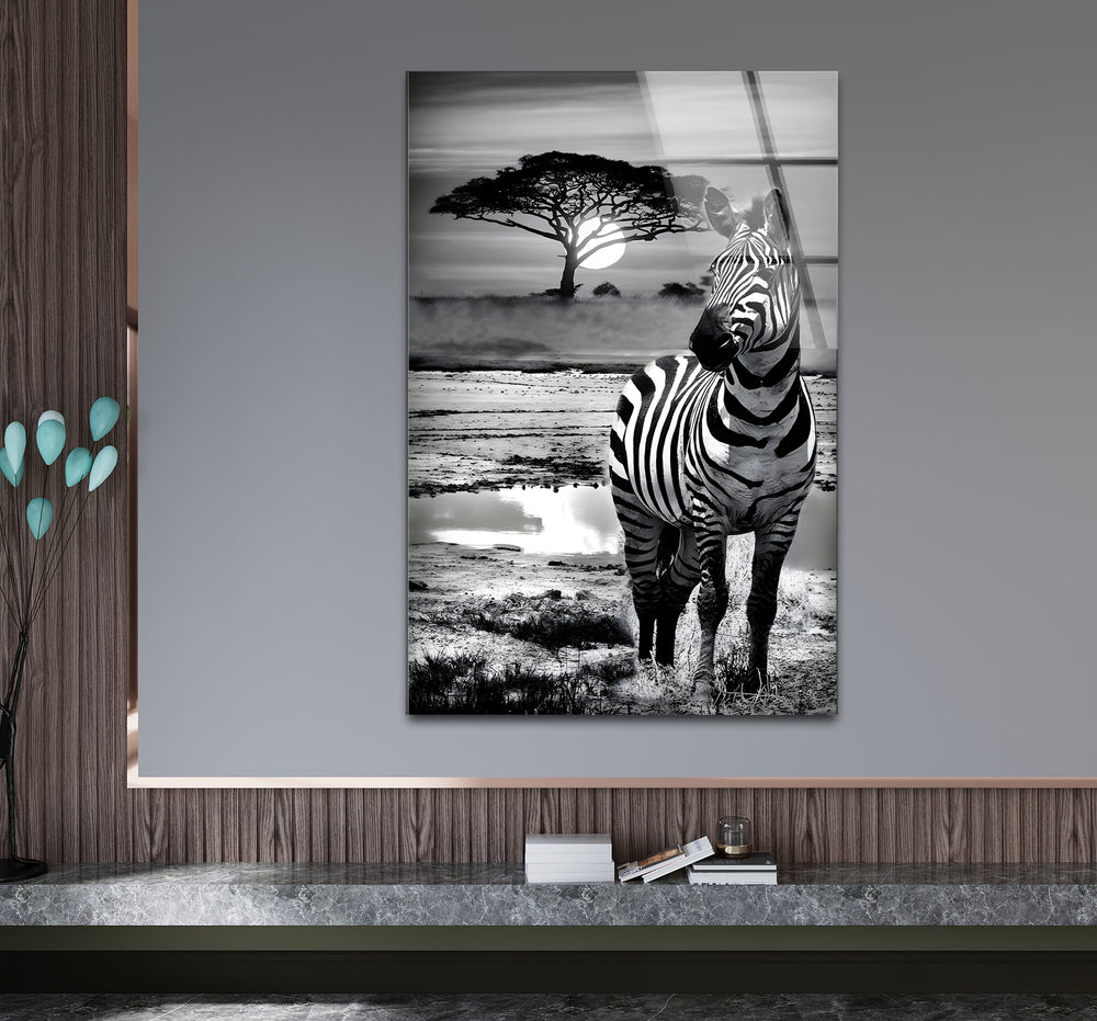 Stylish black and white wall art showcasing the elegance of zebra stripes in a dramatic composition
