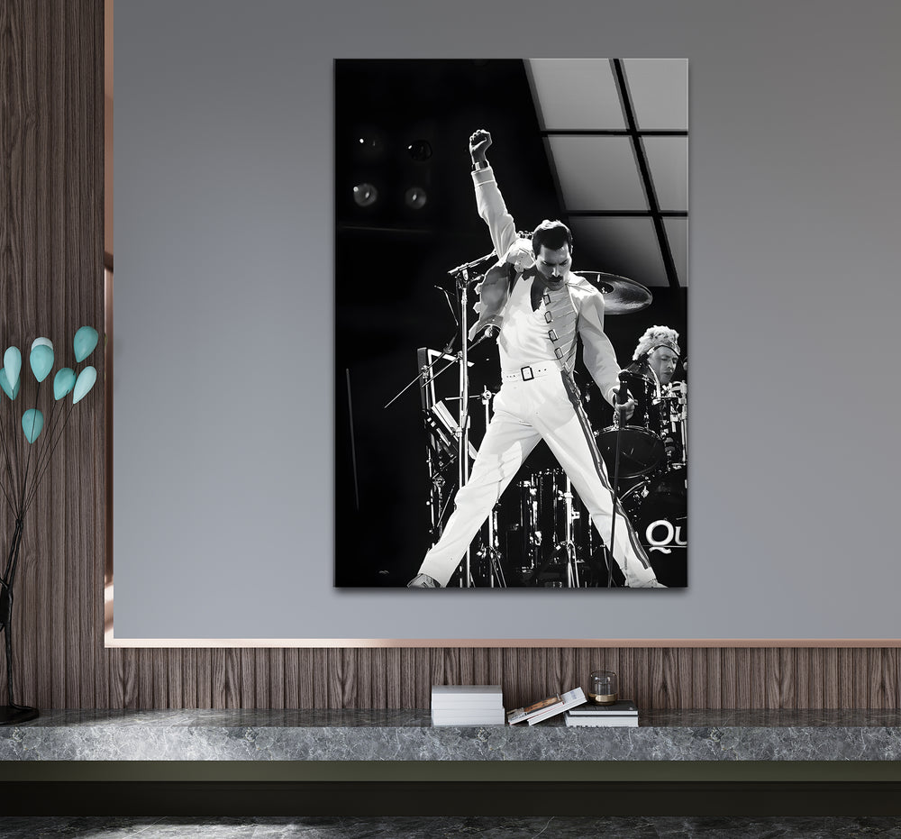 Freddie Mercury black and white wall art for music enthusiasts.