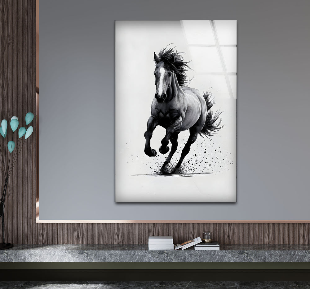 Elegant black and white artwork capturing the motion and grace of galloping horses.