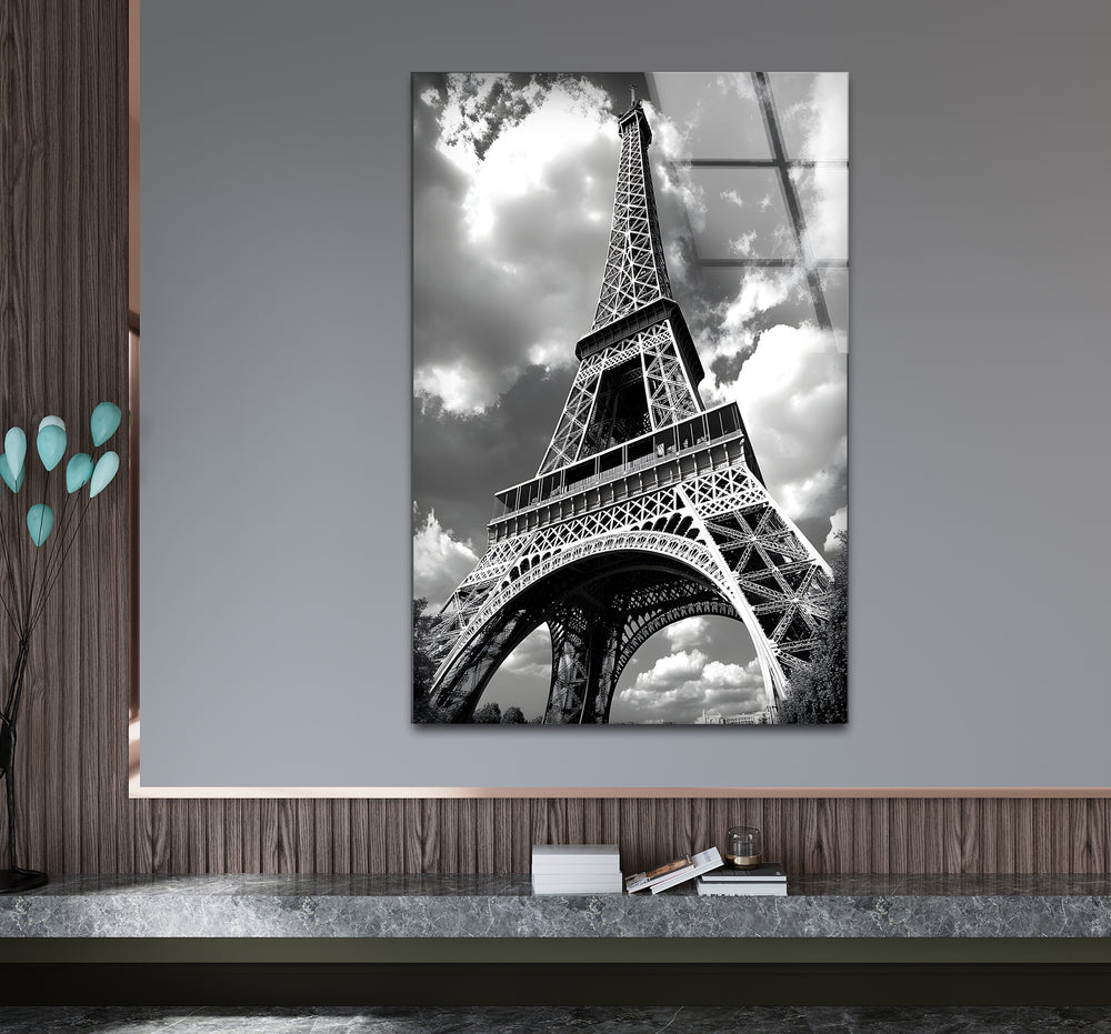 Stylish black and white wall art showcasing the Eiffel Tower in a dramatic and bold close-up design
