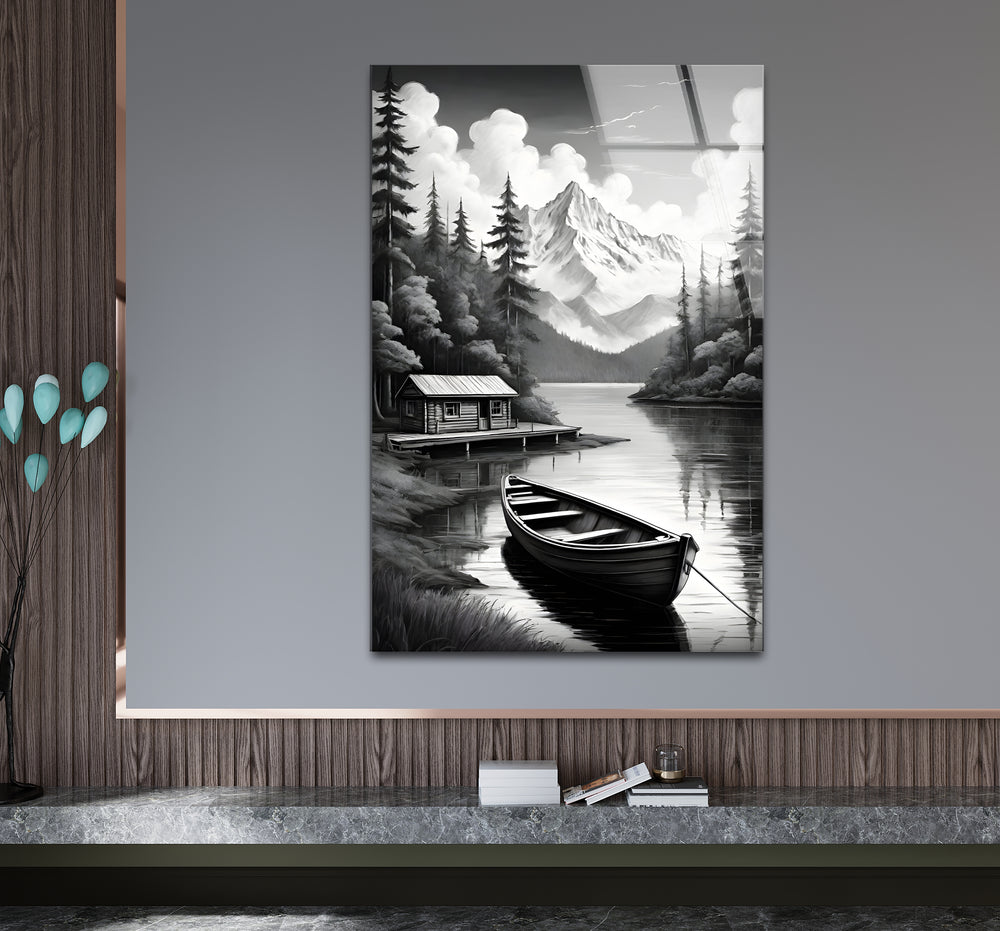 Stylish black and white wall art showcasing a tranquil nature scene with intricate details
