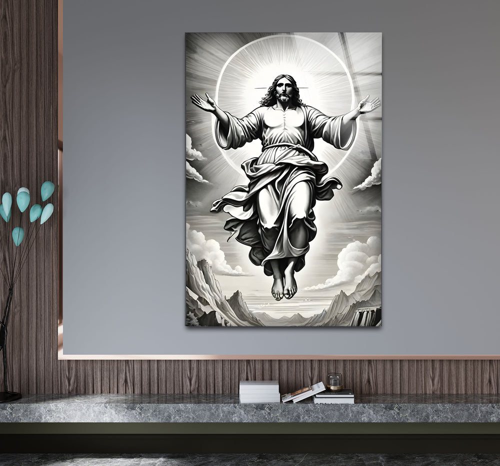 Sophisticated black and white artwork showcasing the divine presence of Jesucristo with intricate shading.