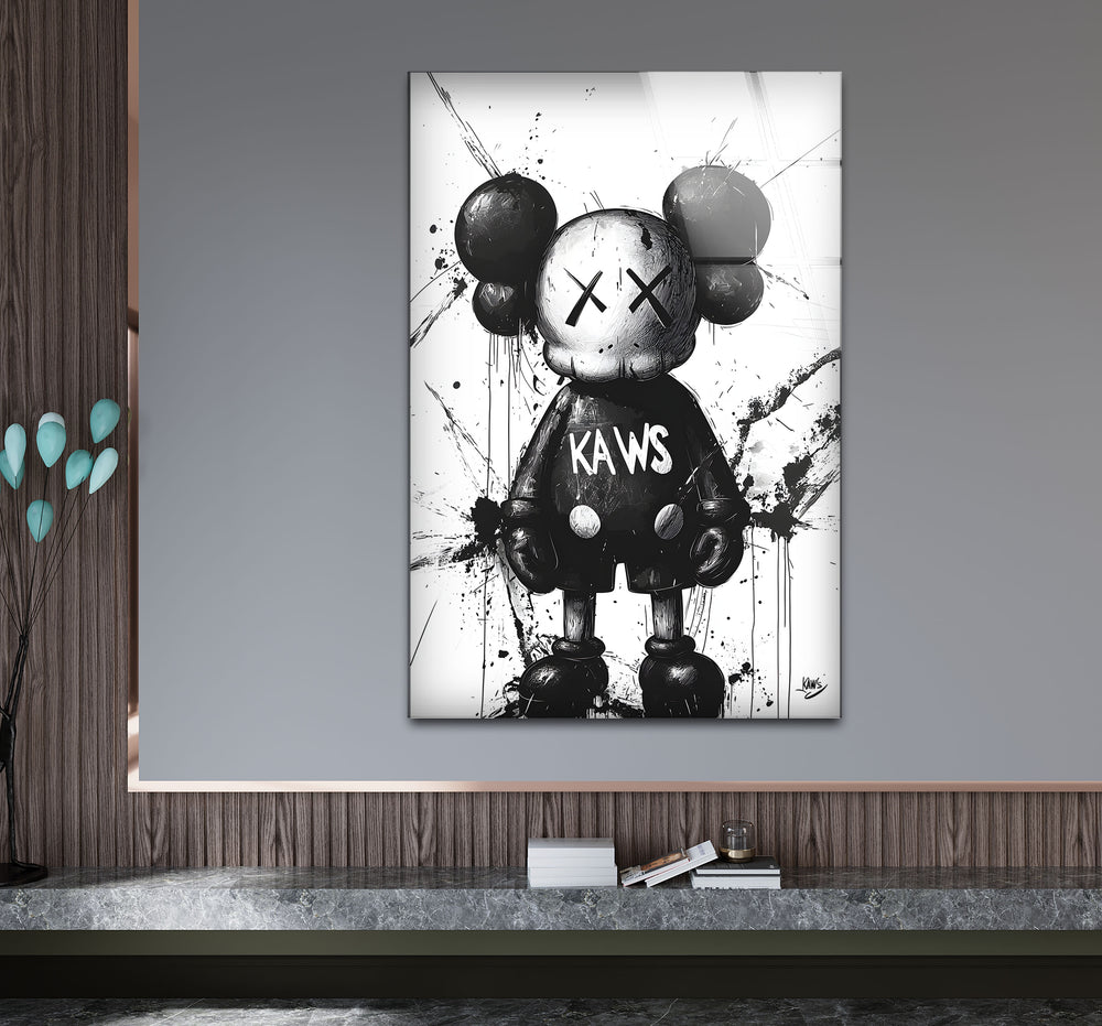 Stylish black and white artwork showcasing Mickey Mouse reimagined with Kaws' iconic design elements.