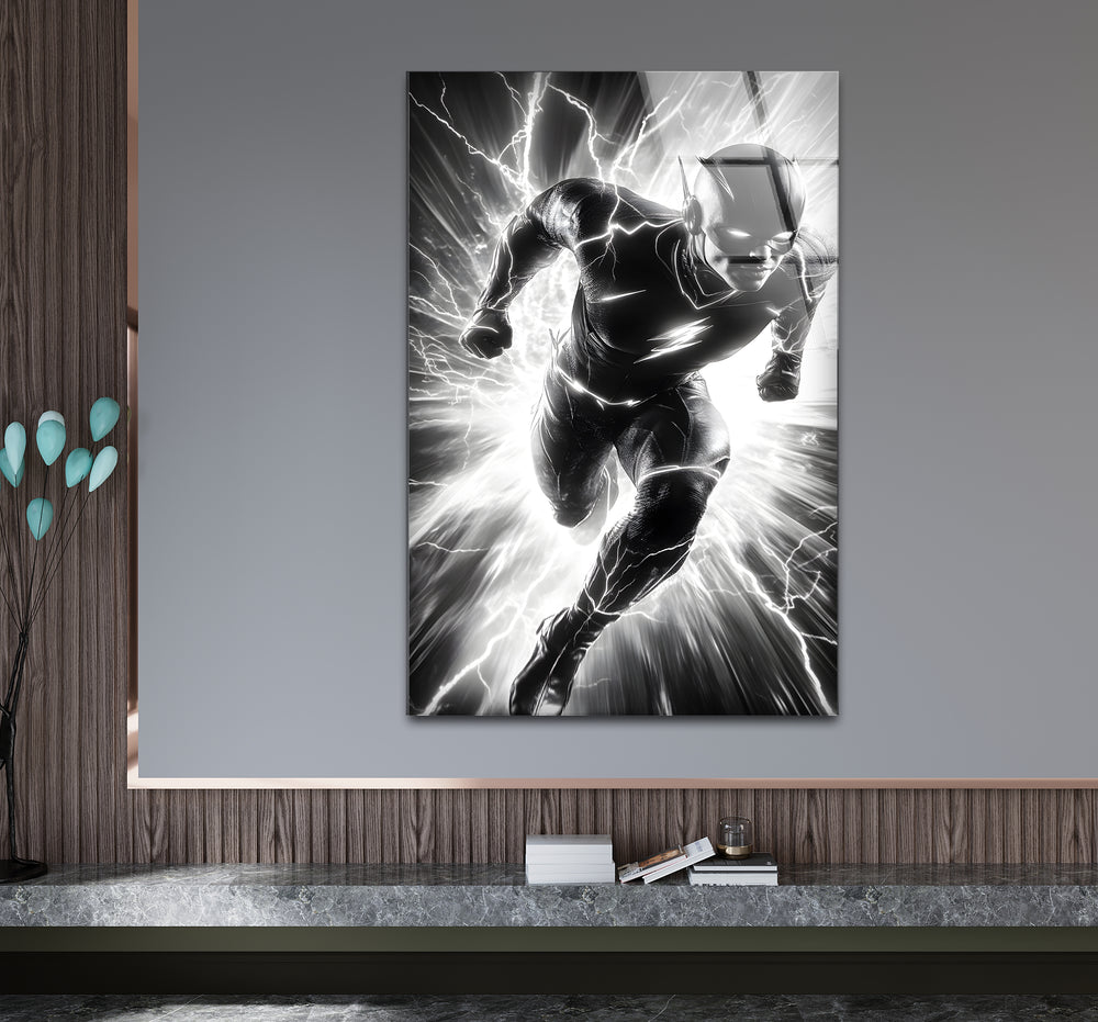 Stylish black and white wall art showcasing Flash in an electrifying and powerful pose
