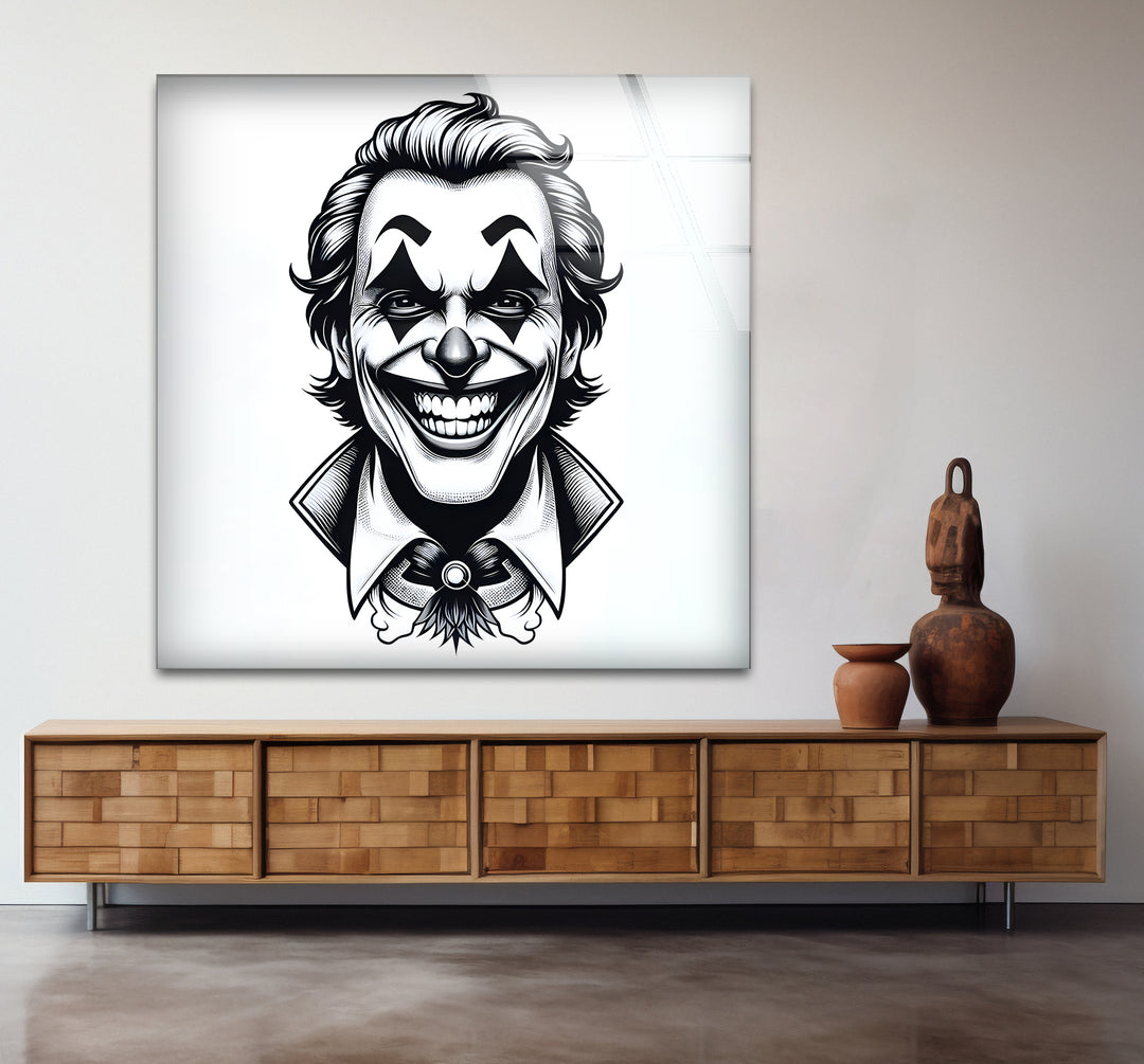 Modern black and white wall decor highlighting the Joker’s enigmatic expression with artistic flair.