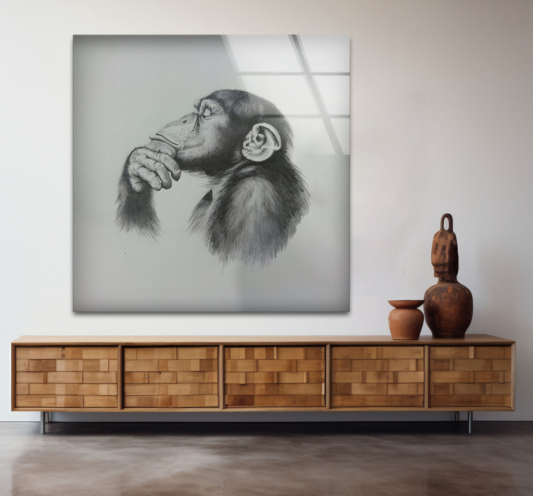 Bold black and white abstract art featuring a striking depiction of a monkey in profile.