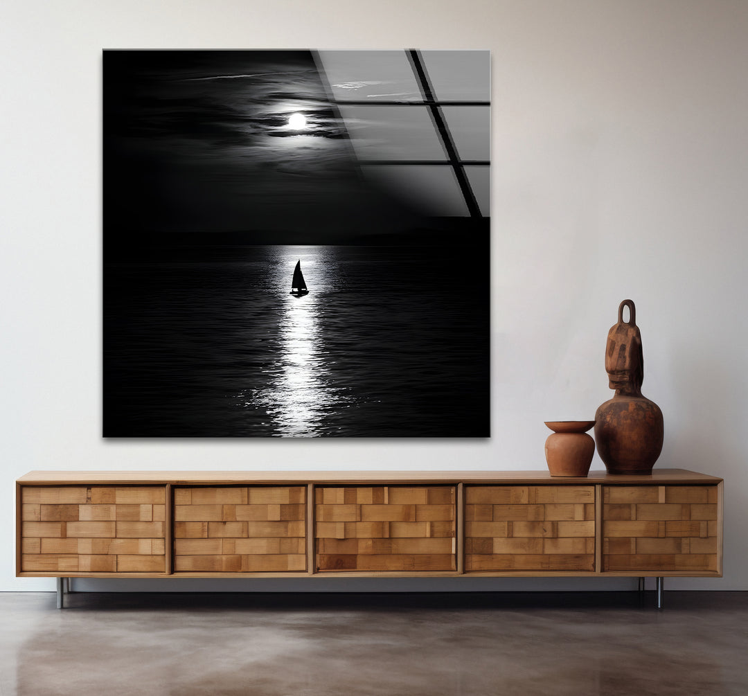 Modern black and white paintings of a moonlit scene, emphasizing its tranquil elegance with detailed textures.