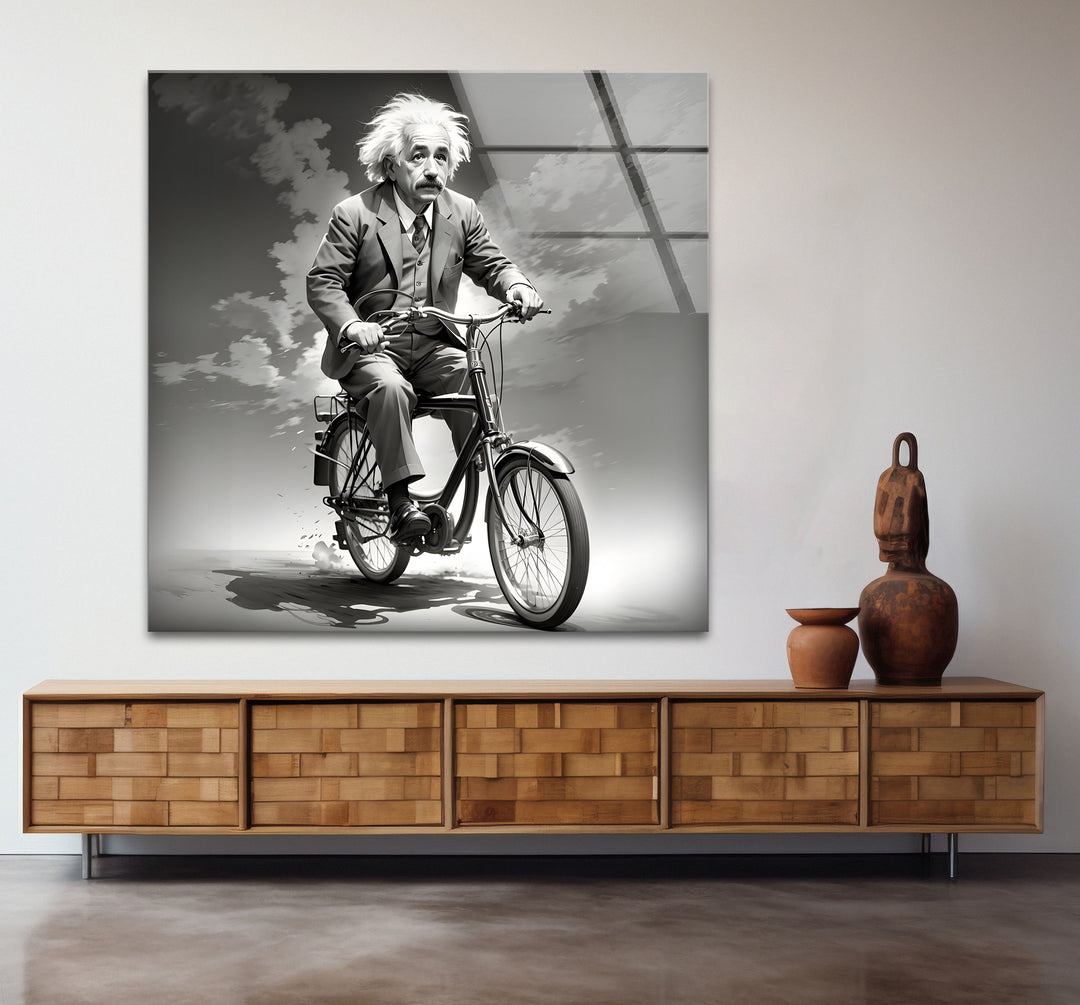 Captivating black and white abstract art illustrating Einstein cycling, perfect for modern and creative spaces.