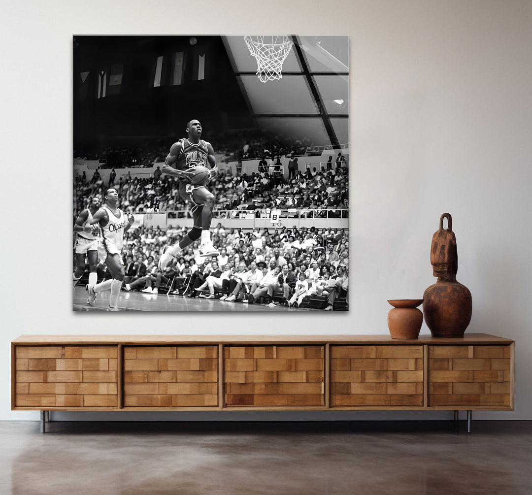 Sophisticated black and white framed art of Michael Jordan, blending realism with artistic abstraction.