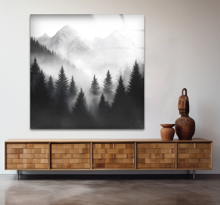 Modern black and white artwork highlighting the beauty of misty mountains in a minimalist composition
