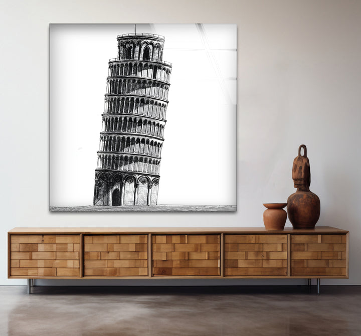 Chic black and white wall art of the Pisa Tower, ideal for creating a striking focal point in modern interiors.