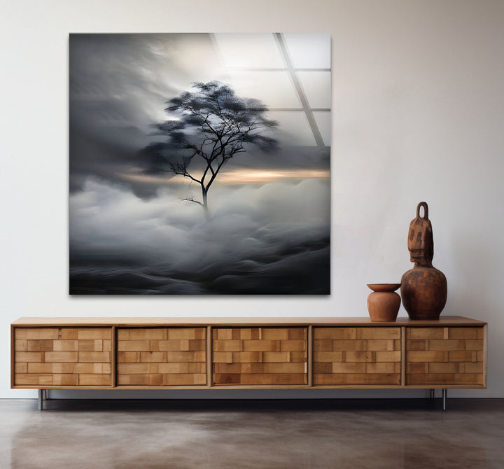 Modern black and white paintings blending the peaceful imagery of a solitary tree with artistic creativity.