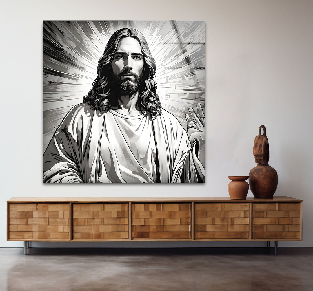 Modern black and white wall decor showcasing Jesus Christ with bold contrasts and artistic precision.