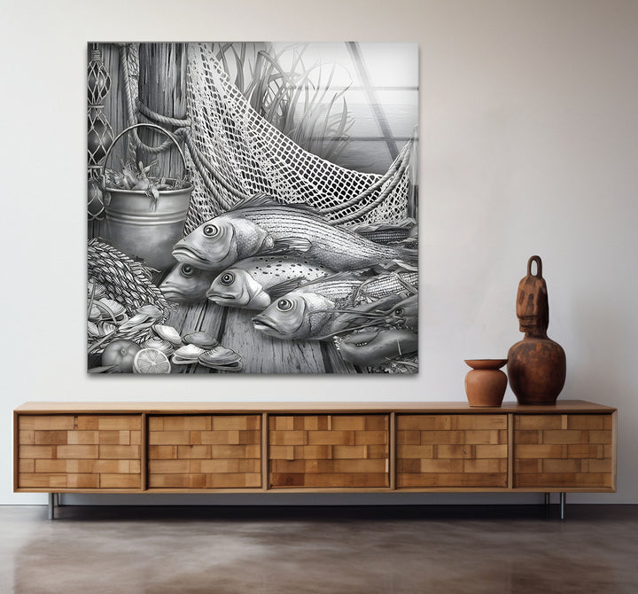 Contemporary black and white abstract art depicting fish in a bold and expressive composition.
