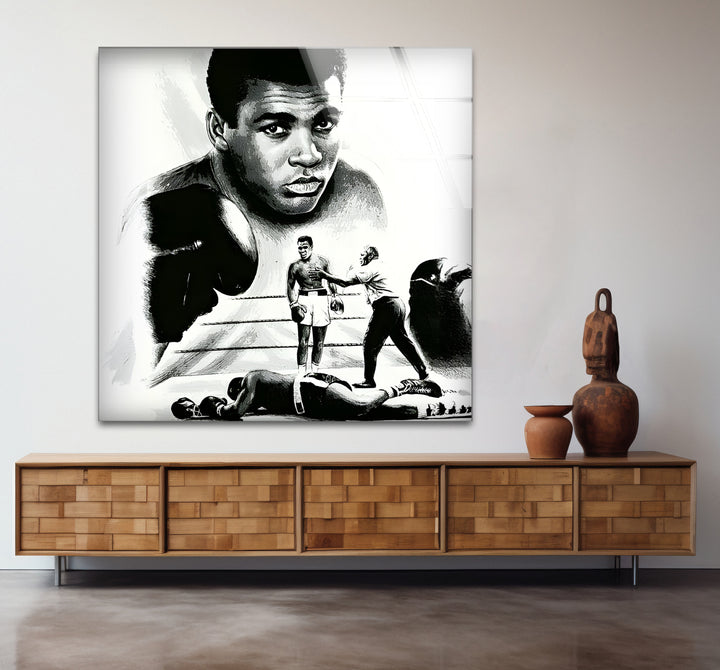 Modern black and white wall decor highlighting Muhammad Ali's legacy with bold contrasts.