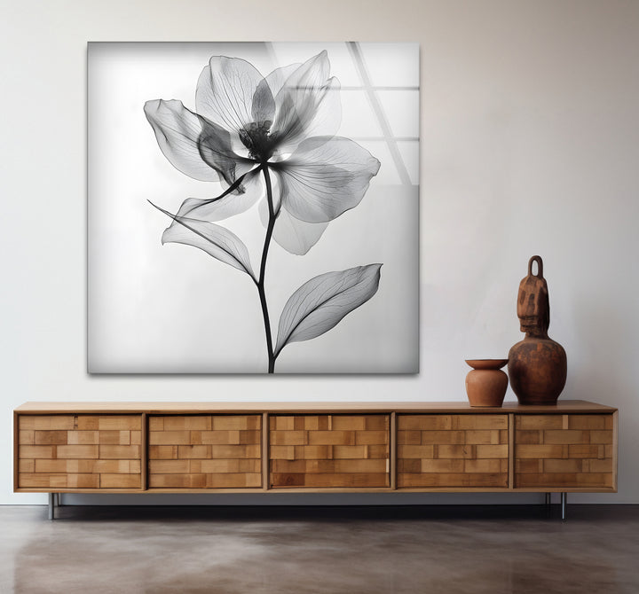 Modern black and white artwork highlighting the natural beauty of a flower with soft contrasts
