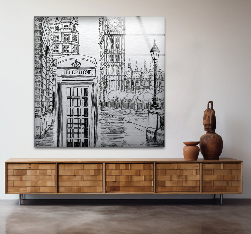 Black and white wall art of London landmarks in an elegant design.
