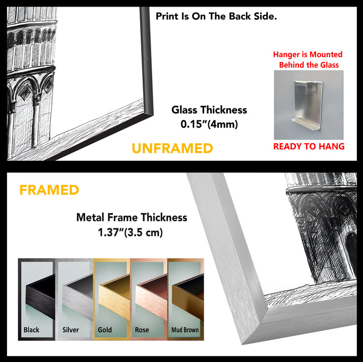 Black & White Pisa Tower Drawing Glass Wall Art