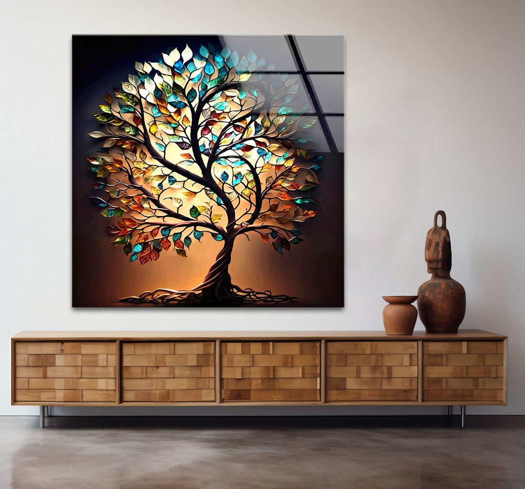 Life of Tree Brown Glass Wall Art picture on glass wall art, photos printed on glass