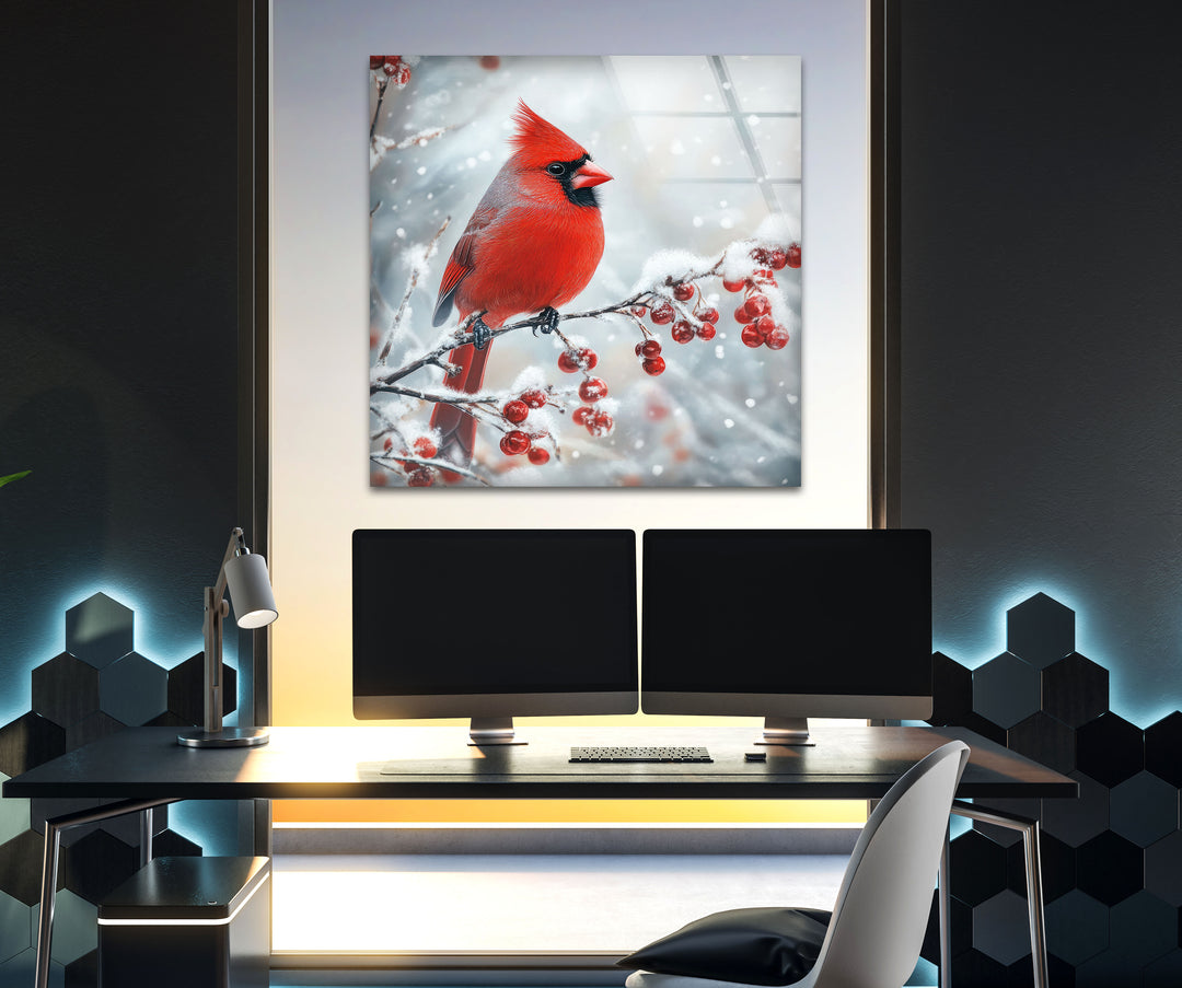 Snowy Goldfinch Glass Wall Art custom glass photo prints, large glass prints
