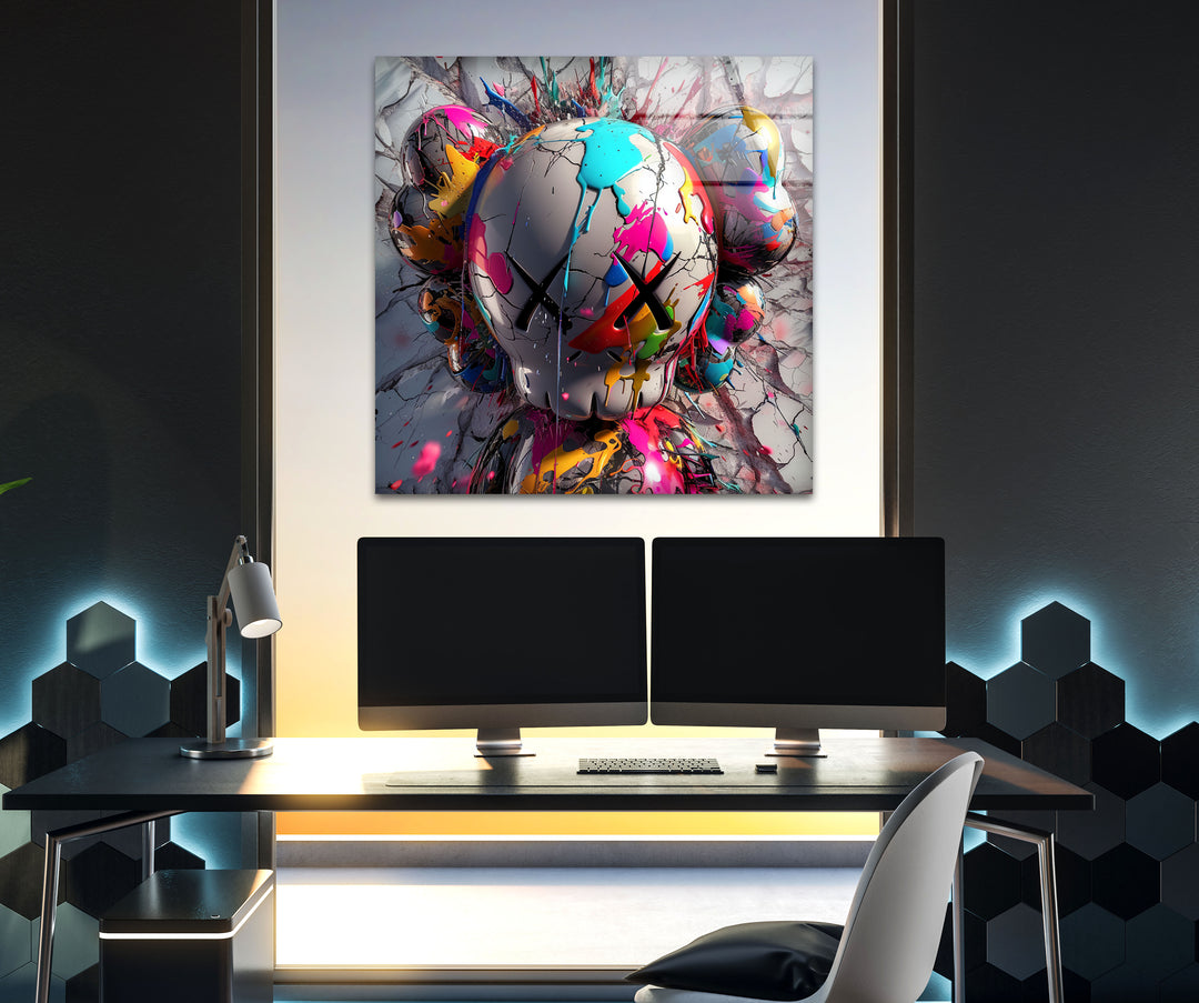 Kaws Colored Painting Glass Wall Art glass pictures for Wall, glass prints wall art