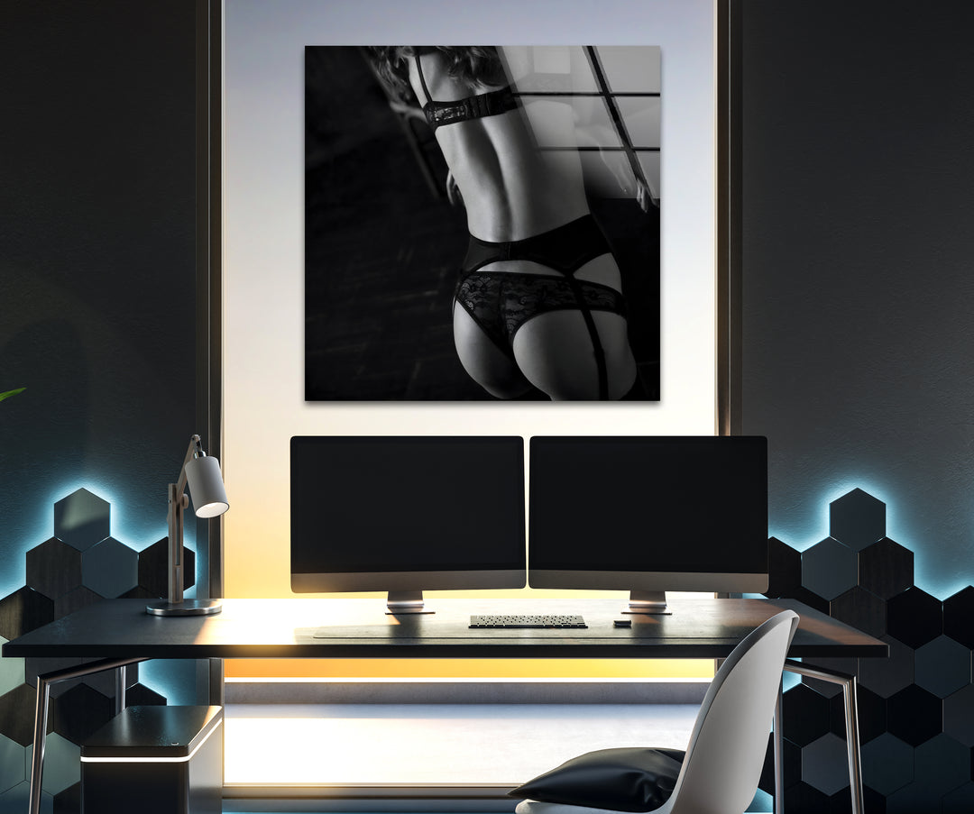 Sophisticated erotic nude art paired with sleek glass wall decor ideas
