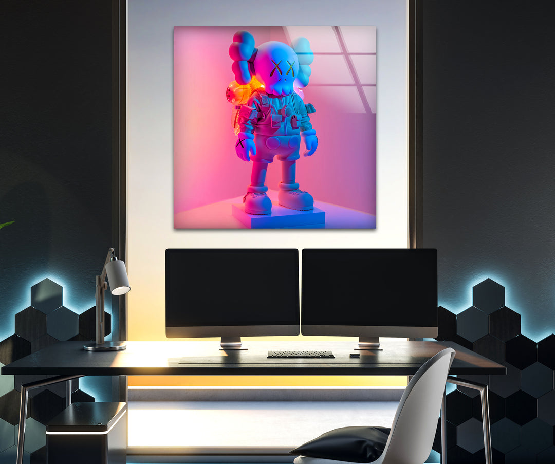 Kaws Pink & Blue Glass Wall Art glass art painting, glass art for the Wall