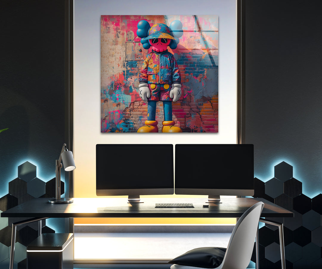 Kaws Pink Graffiti Glass Wall Art photo print on glass, prints on glass wall art