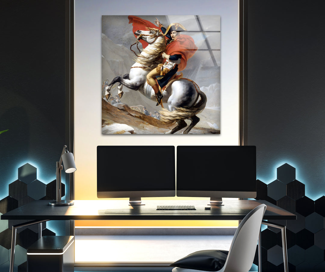 Napoleon Crossing the Alps Jacques-Louis David Glass Wall Art photo print on glass, prints on glass wall art
