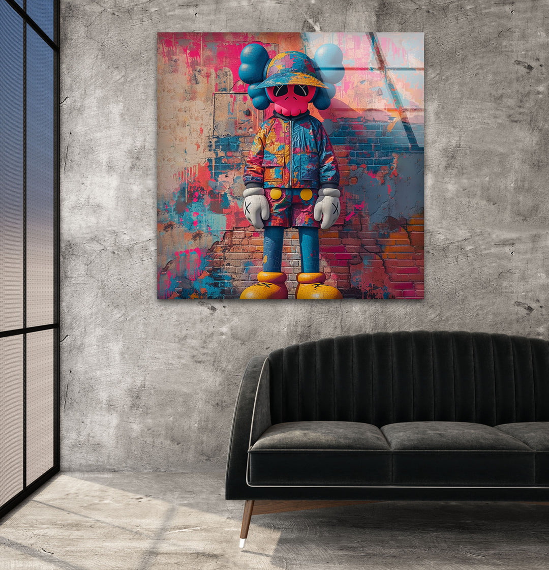 Kaws Pink Graffiti Glass Wall Art glass pictures for Wall, glass prints wall art