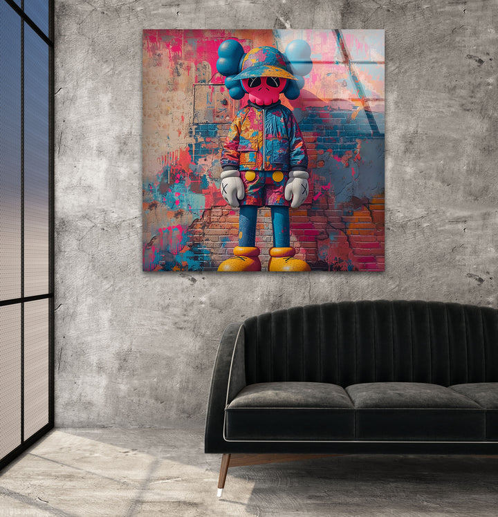 Kaws Pink Graffiti Glass Wall Art glass pictures for Wall, glass prints wall art