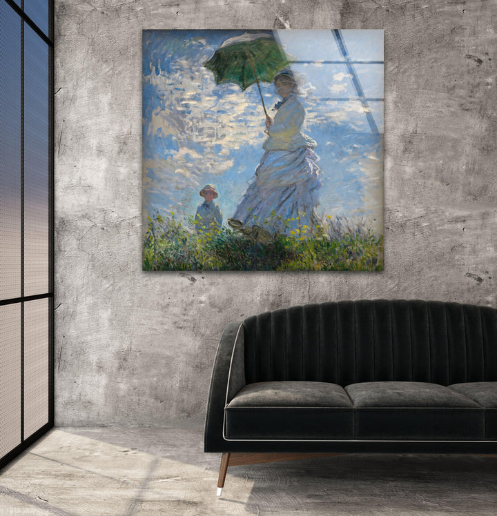 Woman with a Parasol – Madame Monet and Her Son Claude Monet Glass Wall Art print picture on glass, Tempered Glass Wall Art
