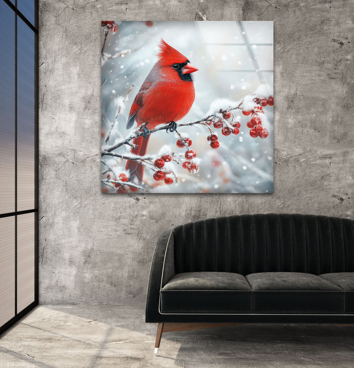 Snowy Goldfinch Glass Wall Art photo print on glass, prints on glass wall art
