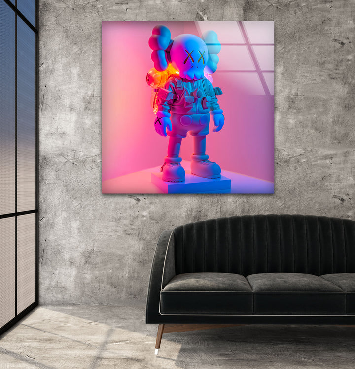 Kaws Pink & Blue Glass Wall Art picture on glass wall art, photos printed on glass