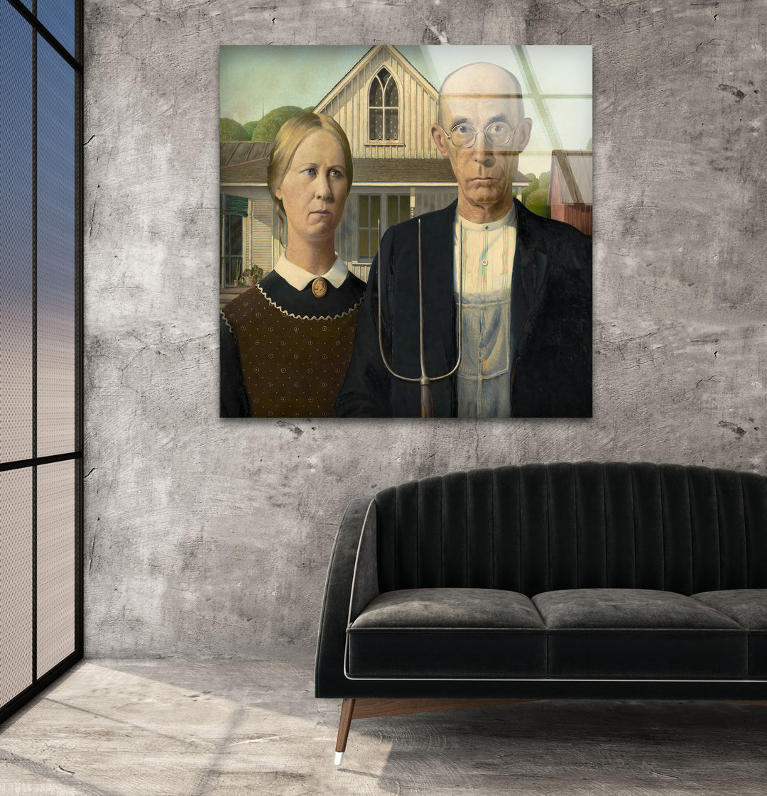 American Gothic Grant Wood Glass Wall Art photo print on glass, prints on glass wall art
