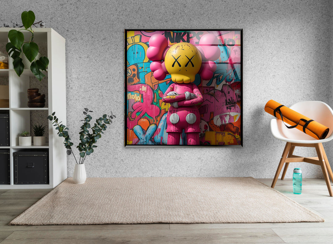 Pink Kaws Glass Wall Art glass art painting, glass art for the Wall