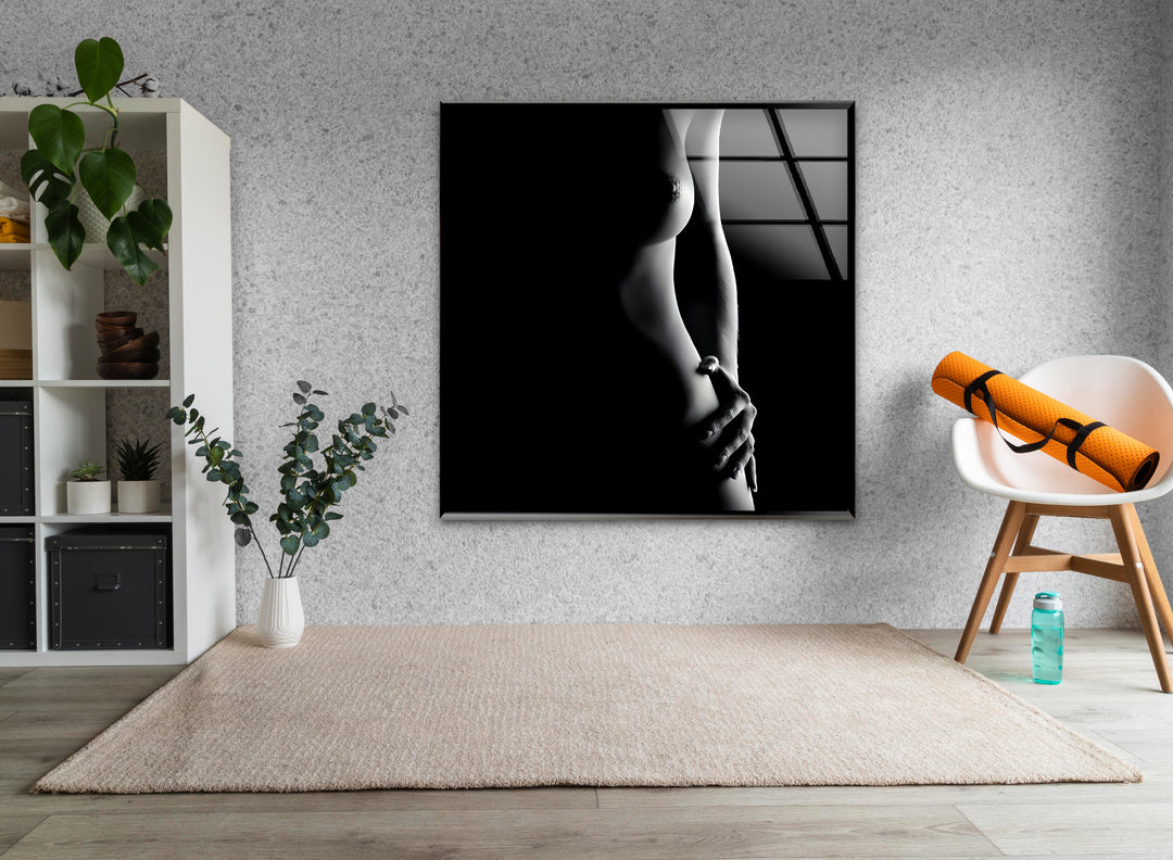 Sophisticated erotic nude art paired with sleek glass wall decor ideas
