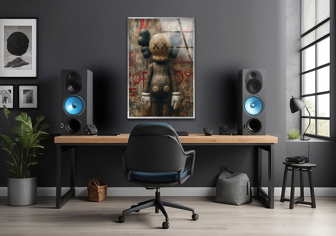 Kaws Brown Glass Wall Art picture on glass wall art, photos printed on glass