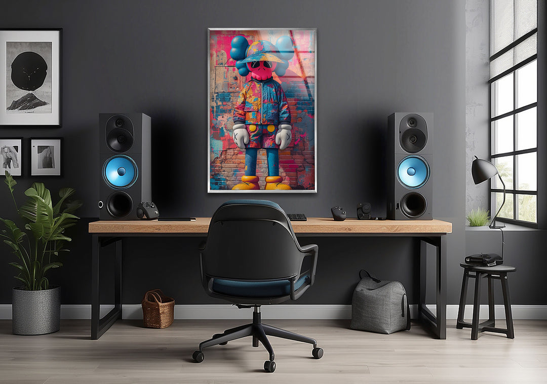 Kaws Pink Graffiti Glass Wall Art glass art painting, glass art for the Wall