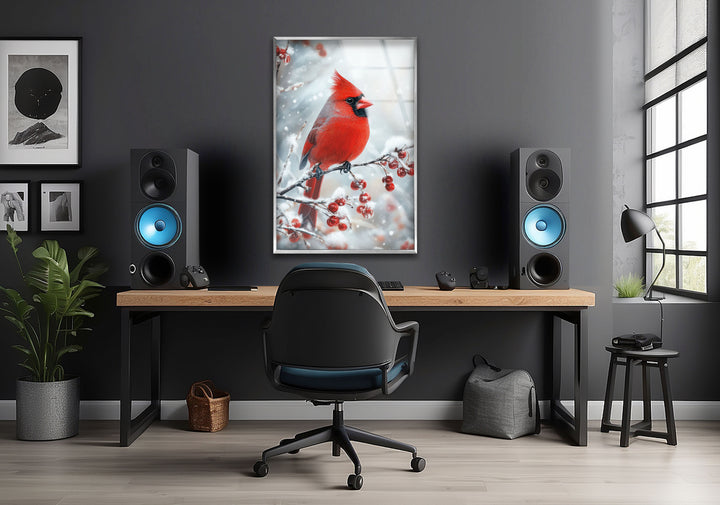 Snowy Goldfinch Glass Wall Art picture on glass wall art, photos printed on glass
