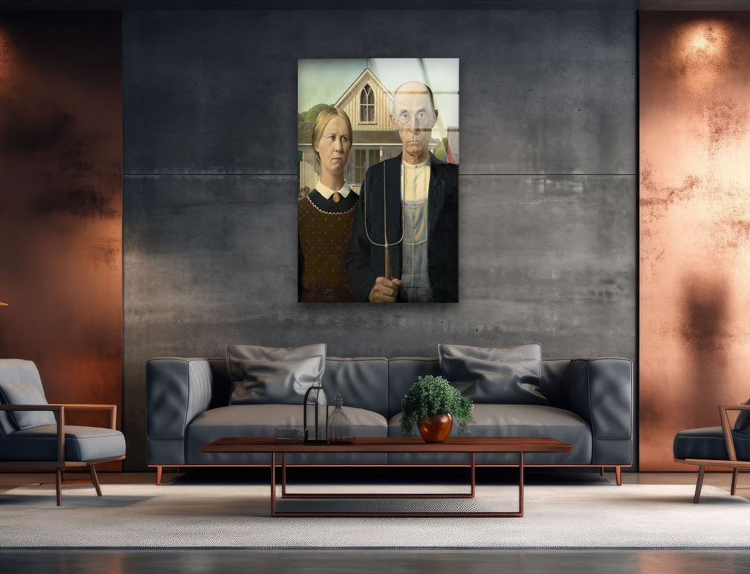 American Gothic Grant Wood Glass Wall Art print on glass, glass printed photos
