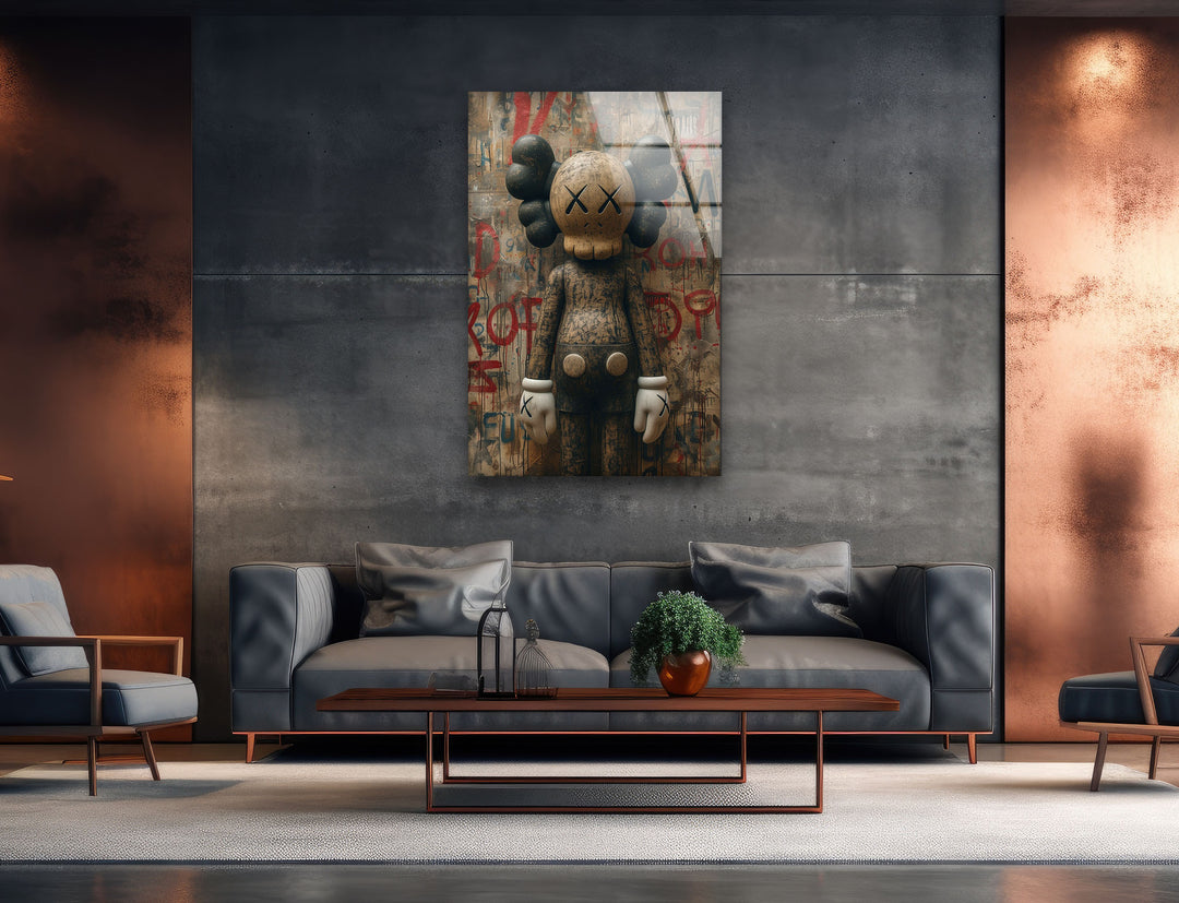 Kaws Brown Glass Wall Art photo print on glass, prints on glass wall art