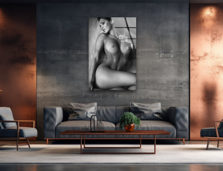 Sophisticated glass wall art with striking erotic nude designs
