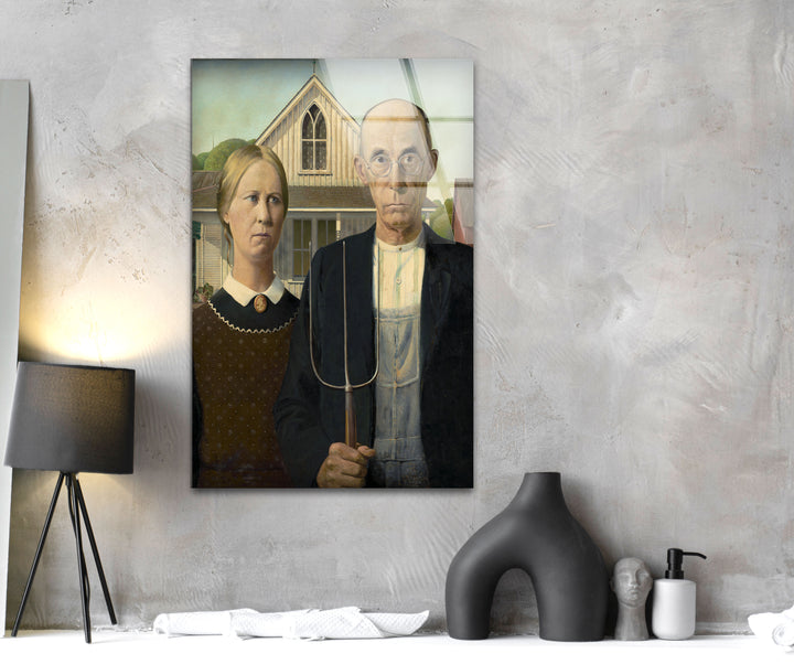 American Gothic Grant Wood Glass Wall Art print picture on glass, Tempered Glass Wall Art
