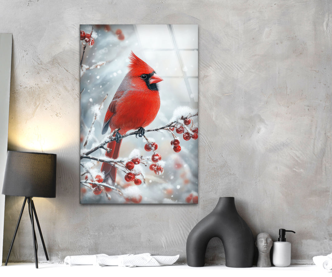 Snowy Goldfinch Glass Wall Art print picture on glass, Tempered Glass Wall Art
