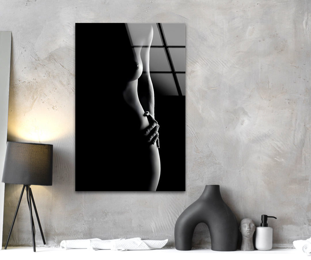 Bold sexy art featuring erotic nude drawings in modern glass decor
