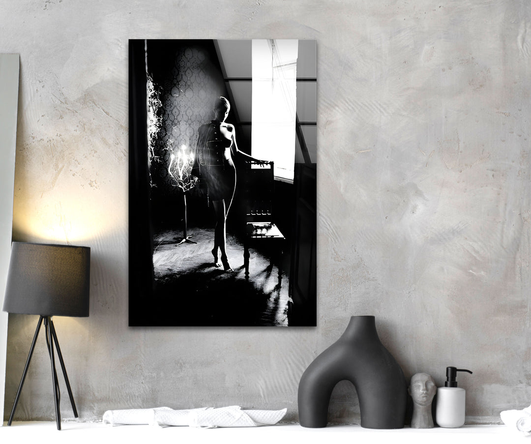 Modern glass wall art showcasing sensual naked art and erotic paintings
