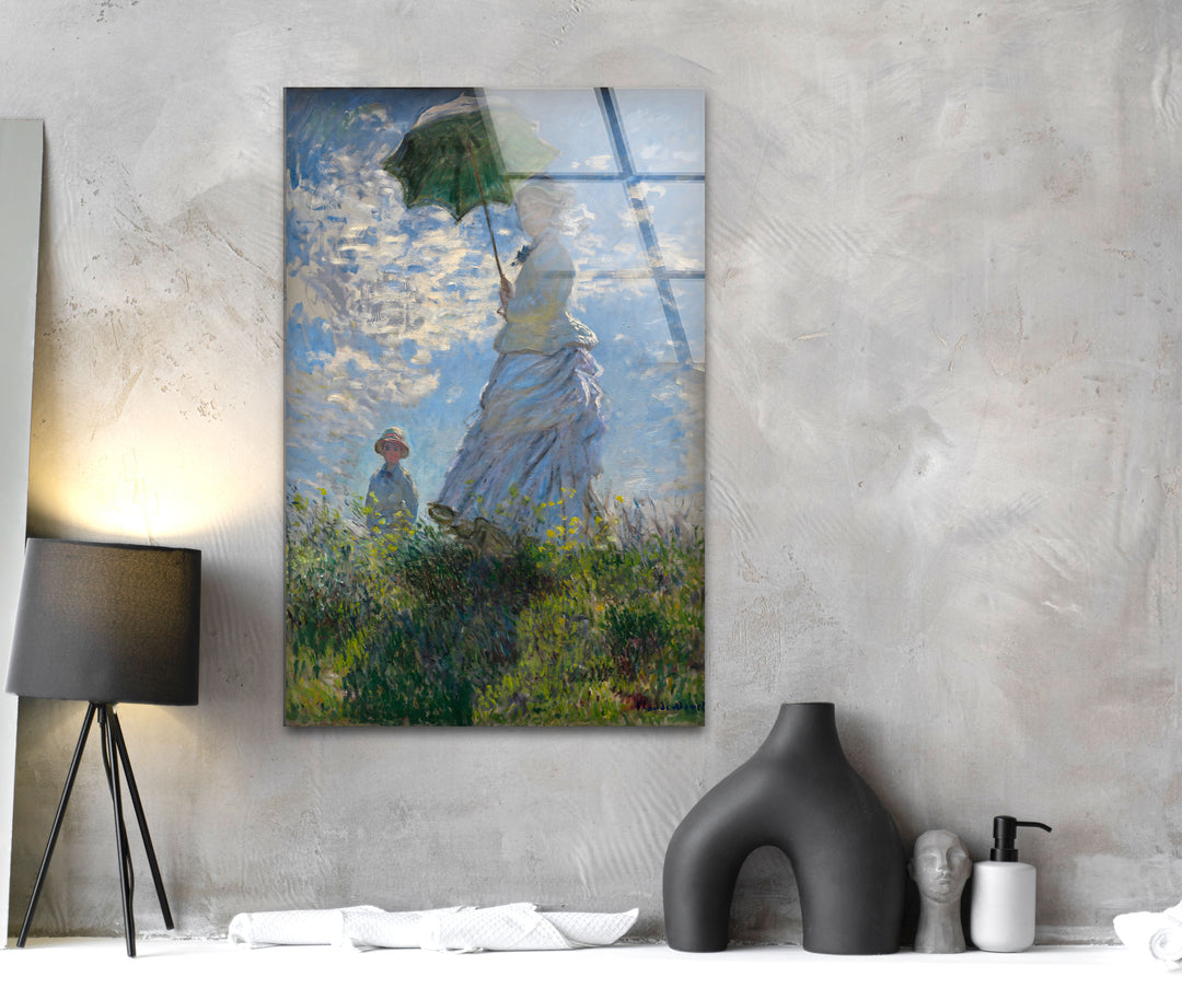 Woman with a Parasol – Madame Monet and Her Son Claude Monet Glass Wall Art photo print on glass, prints on glass wall art
