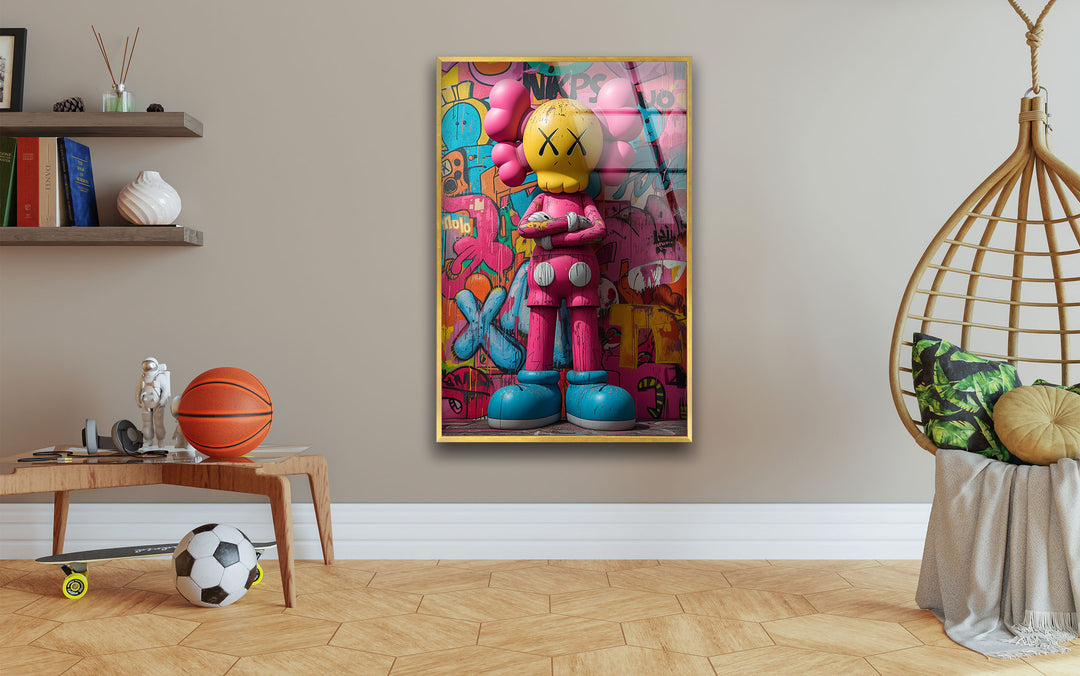 Pink Kaws Glass Wall Art glass pictures for Wall, glass prints wall art