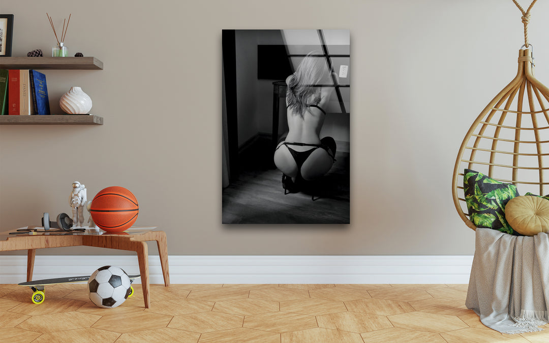 Glass wall art featuring sensual erotic nude art for bold decor
